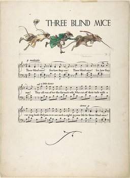 anthro cane clothing group hat headgear headwear historical historical_dress holding_clothing holding_hat holding_headgear holding_headwear holding_object lyrics male musical_clef musical_note musical_symbol rococo_clothing running sheet_music suit symbol text top_hat trio paul_vincent_woodroffe thirty_old-time_nursery_songs mammal mouse murid murine rodent 1912 20th_century ancient_art english_text traditional_media_(artwork)