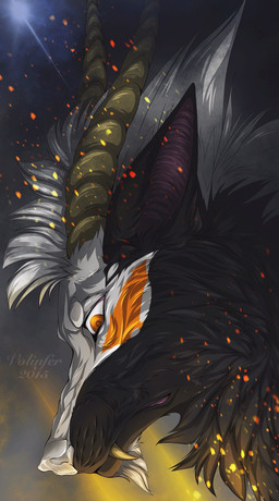 black_body black_fur feral fur grey_hair hair horn male orange_eyes solo white_nose volinfer canid canine canis hybrid mammal wolf 2015 absurd_res digital_media_(artwork) headshot_portrait hi_res portrait