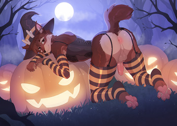 anthro anus arm_warmers armwear balls butt clothing femboy food forest_background fruit genitals holidays legwear male nude_anthro nude_male paws penis plant pumpkin solo tail thigh_highs fumiko halloween