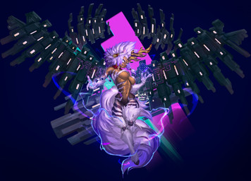 abs accessory brown_body brown_skin electricity female floating fur hair_accessory hooves horn machine mostly_nude solo stripes technology white_body white_eyes white_fur botak final_fantasy final_fantasy_x final_fantasy_xiv square_enix ixion wicked_thunder equid equine felid feline horse humanoid mammal miqo'te hi_res