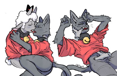 ambiguous_gender anthro anthro_on_anthro bell bell_collar bottomless bottomless_anthro clothed clothing collar crotch_tuft disembodied_hand eyes_closed finger_in_mouth fish_hooking hand_on_belly kissing petting simple_background sitting touching_belly tuft helregin cult_of_the_lamb massive_monster_(studio) lamb_(cult_of_the_lamb) narinder red_crown_(cult_of_the_lamb) bovid caprine domestic_cat felid feline felis mammal sheep 2023 hi_res