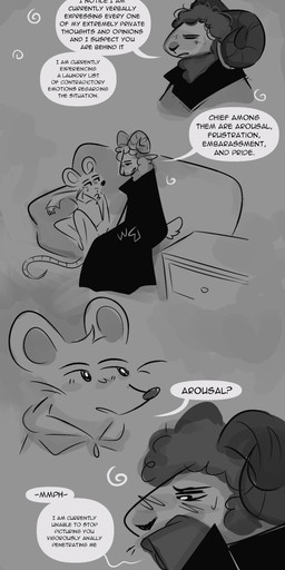 anthro clothed clothing covering covering_mouth dialogue duo embarrassed furniture implied_hypnosis male mind_control robe sitting sofa text ofthestarlesssea hypnovember hypnovember2025 cedar_(ofthestarlesssea) enkhi_(ofthestarlesssea) bovid caprine mammal mouse murid murine rodent sheep absurd_res comic english_text full-length_portrait hi_res monochrome portrait shaded sketch trans_(lore) trans_man_(lore)