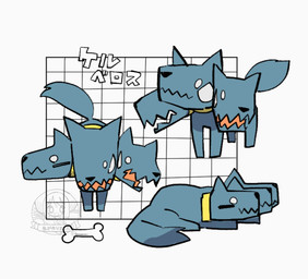 3_heads blue_body blue_fur bone chibi collar feral flesh_fang fur geometric_background grid_background kemono logo multi_head open_mouth pattern_background sharp_teeth simple_background sleeping solo tail teeth text white_eyes yellow_collar buttergirl_02 european_mythology greek_mythology mythology canid canid_demon canine canis cerberus demon domestic_dog hellhound mammal mythological_canine mythological_creature 2026 artist_logo character_name hi_res japanese_text translated