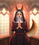 anthro belt big_breasts breasts clothed clothing female fur hair huge_breasts lipstick looking_at_viewer makeup nun nun_outfit open_mouth prayer_hands praying red_eyes religious_clothing smile solo tail thick_thighs scarlet_side canid canine mammal 2024 digital_media_(artwork) hi_res