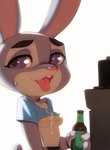 2019 anthro beverage bikini bodily_fluids breasts clothed clothing cum cum_on_chest disney doxy erection female fingers food fur genital_fluids glistening glistening_body glistening_clothing grey_body grey_fur hi_res judy_hopps lagomorph leporid mammal nipple_outline open_mouth purple_eyes rabbit simple_background solo sweat swimwear tongue tongue_out under_boob white_background zootopia