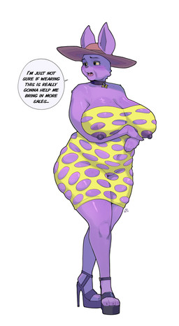 anthro big_breasts biped blush breasts clothed clothed_anthro clothed_female clothing female female_anthro fur genitals hat headgear headwear huge_breasts mature_anthro mature_female nipples overweight overweight_anthro overweight_female purple_body purple_ears purple_fur purple_nipples solo standing thick_thighs vulva wide_hips yellow_clothing cumbread meme_clothing undertale undertale_(series) qc_(undertale) mammal absurd_res hi_res meme