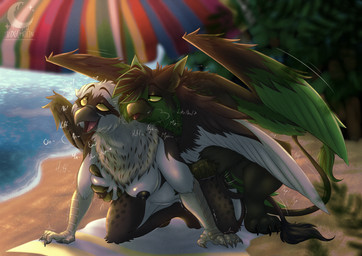 anthro back_wings beach beach_towel beach_umbrella beak black_nipples black_spots breast_grab breast_squish breasts brown_body brown_markings claws clenched_teeth doggystyle duo ears_down ears_up feather_tuft feathered_wings feathers female folded_wings from_behind_position green_accents green_eyes green_markings grey_beak hand_on_breast male male/female markings moan nipples open_mouth palm_tree parasol pivoted_ears plant sand scale_markings scales sea sex shore spots squish tail tail_feathers tail_tuft teeth tongue tongue_out towel tree tuft water white_body white_feathers wings yellow_eyes selitoxicmoon mythology fan_character talonburd_(character) avian gryphon mythological_avian mythological_creature absurd_res hi_res