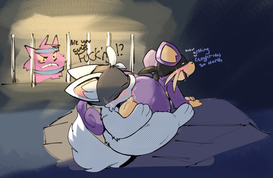 anal arm_pull bodily_fluids dialogue duo feral from_behind_position male male/male mask oral prison prison_cell prison_guard_position rimming saliva sex sweat text watching_from_afar ashfordkingston nintendo pokemon thief_minccino generation_1_pokemon generation_5_pokemon gengar minccino pokemon_(species) rattata absurd_res english_text hi_res