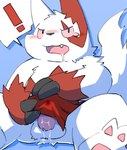 anthro balls blush bodily_fluids covering drooling embarrassed erection exclamation_point genitals kemono male penis red_body saliva sitting slightly_chubby solo white_body avoid_posting wanisuke nintendo pokemon generation_3_pokemon pokemon_(species) zangoose 2021 hi_res