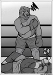 anthro belly big_belly big_breasts boxing boxing_gloves boxing_shorts breasts clothed clothing duo fighting_ring fur hair handwear male male/male muscular overweight overweight_male simple_background sport teeth astarlos bear black_bear brown_bear grizzly_bear mammal moon_bear ursine absurd_res digital_drawing_(artwork) digital_media_(artwork) greyscale hi_res monochrome