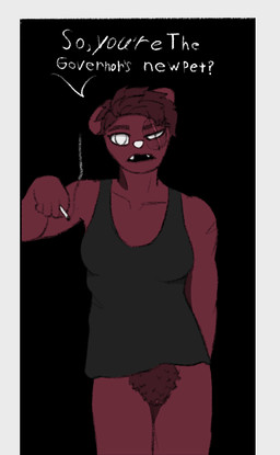 anthro asymmetrical_face black_background bottomless cigarette clitoris clothed clothing dialogue disability disfiguration doorway drugs ears_down female fur genitals hair mature_female partially_clothed pivoted_ears pubes red_body red_fur red_hair scar shirt simple_background solo tank_top teeth thigh_up topwear vulva white_eyes white_sclera kcdodger rain_world videocult artificer_(rain_world)
