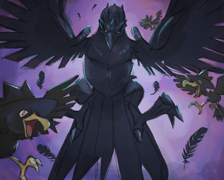 ambiguous_gender beak claws feathers feral flying group looking_at_viewer open_mouth purple_background red_eyes simple_background smile spread_wings toe_claws tongue wings opokemaniac nintendo pokemon avian bird corviknight generation_2_pokemon generation_8_pokemon murkrow pokemon_(species) 2019 absurd_res hi_res