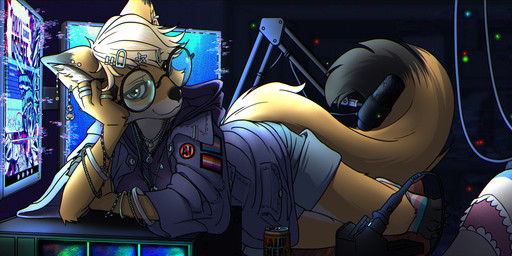 accessory anthro bangle bottomwear chair clothed clothing computer computer_monitor denim denim_bottomwear denim_clothing denim_shorts distortion electronics female footwear furniture glitch hair_accessory jacket jewelry kaiju_energy leaning_on_table lgbt_pride necklace office_chair piercing pride_color_accessory pride_color_clothing pride_color_footwear pride_color_socks pride_colors ring server_room shorts smug socks soldering_iron solo topwear witch_costume gearworksproductions ikea blahaj lunarequest canid canine fox mammal absurd_res hi_res trans_(lore) trans_woman_(lore)