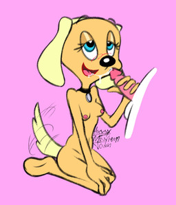 anthro blonde_hair blue_eyes blush blush_lines bodily_fluids breasts cum cum_in_mouth cum_inside duo fellatio female fur genital_fluids hair male male/female nude oral penile sex small_breasts style_emulation tail tail_motion tailwag tan_body tan_fur mayhemtown brandy_and_mr._whiskers disney brandy_harrington canid canine mammal