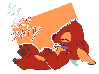 4_arms 4_toes anthro biped chest_tuft claws crossed_legs ears_down feet finger_claws fur grey_pawpads hands_behind_head head_tuft heart_symbol lying male multi_arm multi_limb notched_ear on_back open_mouth pawpads pivoted_ears purple_nose purple_tongue red_body red_fur side_view simple_background sleeping solo text toes tongue tuft kyo_ken_0425 disney lilo_and_stitch experiment_627 alien experiment_(lilo_and_stitch) 2025 4:3 digital_drawing_(artwork) digital_media_(artwork) english_text flat_colors