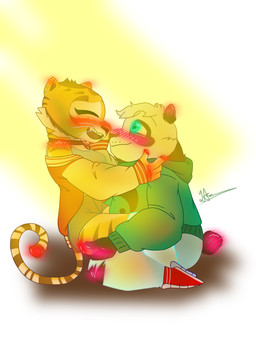 adolescent anthro blush bright_light duo female glowing glowing_eyes high_school laugh male male/female modern on_lap school sitting_on_lap smile young yarart dreamworks kung_fu_panda master_po_ping master_tigress bear domestic_cat felid feline felis giant_panda mammal pantherine south_china_tiger tiger 3:4 absurd_res hi_res