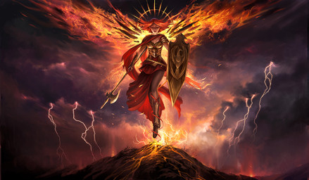 armor clothed clothing cloud electricity female fire flaming_wings hair halo lightning not_furry outside red_eyes red_hair shield solo spread_wings traditional_halo unusual_anatomy unusual_wings volcano weapon wings sandara european_mythology greek_mythology mythology angel angel_humanoid humanoid winged_humanoid