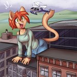 5_fingers aircraft anthro blue_bottomwear blue_clothing blue_pants bottomwear building city clothing female fingers flying gentle_giant glass_window grass hair helicopter leaning_on_building macro macro_anthro macro_female open_mouth orange_hair pants plant solo sweater tail topwear vehicle muhny saku_(tony4155) domestic_cat felid feline felis mammal 1:1 2023