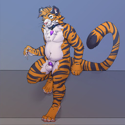 anthro balls black_body black_fur blue_eyes chastity_cage chastity_cage_only chastity_device chastity_device_only chastity_key collar collar_tag countershade_balls countershade_crotch countershade_feet countershade_genitalia countershade_hands countershade_neck countershade_torso countershading fangs feet fur genitals holding_key holding_object key looking_at_viewer male male_anthro nude nude_anthro nude_male orange_body orange_fur purple_chastity_cage sabertooth_(anatomy) slightly_chubby slightly_chubby_anthro slightly_chubby_male solo standing striped_body striped_fur stripes tail teeth wearing_chastity_cage wearing_chastity_device whiskers white_body white_fur mintyderg axel_(toranoko) felid mammal pantherine tiger 1:1 2023 hi_res