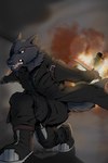 angry anthro black_body black_bottomwear black_clothing black_fur black_pants black_shirt black_topwear black_trenchcoat blade boots bottomwear buckle burning_alive clothing cough crouching duo ears_back eye_patch eyewear faceless_character fight fighting_pose fire fluffy fluffy_tail footwear fur holding_knife holding_object inside knife male molten_metal monotone_body monotone_fur motion_blur motion_blur_trail neck_tuft open_mouth pants pink_nose pivoted_ears pose red_eyes screaming shadow shirt shoes smoke snarling tail teeth tongue topwear tuft zipper loidzhander shelter_(visual_novel) alon_e_wolf_(shelter) canid canine canis human mammal wolf 2022 2:3 absurd_res archived_source artist_name hi_res