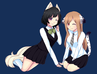 accessory animal_ears bottomwear clothing duo female hair kneeling looking_at_viewer necktie one_eye_closed skirt smile tail wink yumemin animal_humanoid humanoid