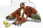 anthro bird_legs bodily_fluids brown_body brown_feathers feathers feet genital_fluids gilded horn male precum solo tail tail_feathers white_feet wings yellow_eyes zalivkustsyganili