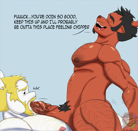anthro antlers barazoku beard blonde_hair blue_background bodily_fluids brown_body duo erection facial_hair fellatio fur genital_fluids genitals hair horn long_ears male male/male mature_anthro mature_male nipples nude open_mouth oral pecs penetration penile penis sex simple_background smile text vein veiny_penis white_body white_fur unknowinglytea deltarune undertale undertale_(series) asgore_dreemurr rudolph_holiday boss_monster_(undertale) bovid caprine deer goat mammal new_world_deer reindeer absurd_res digital_media_(artwork) english_text hi_res
