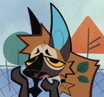 ambiguous_gender anthro big_ears brown_body brown_fur frown fur open_frown open_mouth plant prick_ears solo style_emulation the_hands_of_sincerity toony tree bolthamos clone_high fan_character hyena mammal hi_res