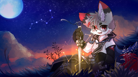 anthro big_eyes biped cute_fangs fangs fur grey_body grey_fur holding_melee_weapon holding_object holding_sword holding_weapon kemono male melee_weapon moon open_mouth orange_eyes slim_anthro slim_male solo sword teeth weapon white_body white_fur hlg7777 canid canine fox mammal 2020 hi_res