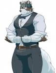 2017 accessory anthro bottomwear bulge canid canine canis clothed clothing fully_clothed fur headband hi_res horkeu_kamui_(tas) kemono lifewonders loincloth male mammal multicolored_body multicolored_fur muscular muscular_anthro muscular_male solo tight_clothing tokyo_afterschool_summoners tsukigata_rossi white_body white_fur wolf