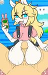 anthro big_butt blonde_hair blue_eyes blush butt cellphone cosplay duo electronics female first_person_view genitals hair hot_dogging interspecies looking_at_viewer looking_back male male/female penis phone sex third-party_edit trigoat mario_bros mario_plus_rabbids_kingdom_battle nintendo raving_rabbids rayman_(series) ubisoft anon rabbid_peach human lagomorph mammal rabbid 2017 crossover hi_res