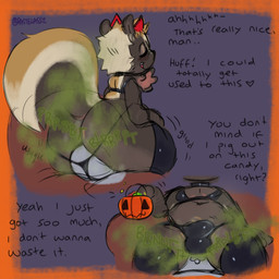 ambiguous_gender anthro butt candy dessert duo erection facesitting fart fart_cloud fart_fetish farting_on_another farting_on_face food glistening holidays horn male male/ambiguous rear_view simple_background sitting sitting_on_another smile tail text pastelassz halloween ollie_(pastelassz) human humanoid mammal mephitid skunk 1:1 absurd_res digital_media_(artwork) english_text hi_res