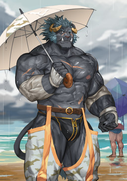 5_fingers anthro barazoku beach belt big_muscles biped black_body black_claws black_fur blue_hair brown_belt brown_horn claws clothing detailed_background duo fingers fur grey_body grey_fur hair horn humanoid_hands male muscular muscular_anthro muscular_male nipples pink_nipples raining red_nose sand scar seaside solo_focus standing swimwear teeth tusks umbrella whiskers traver009 lifewonders tokyo_afterschool_summoners krampus_(tas) demon felid feline human mammal 2021 absurd_res digital_media_(artwork) digital_painting_(artwork) hi_res painting_(artwork)