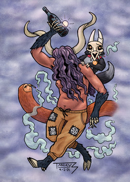 arm_fur arm_hair armpit_hair bare_chest black_hair blue_background body_hair bottomwear cigarette cigarette_in_mouth clothed clothing female foggy_background goat_legs hair hair_covering_face holding_wine_bottle hooves long_hair male object_in_mouth pants simple_background smoking smoking_cigarette sweatpants topless tanicus disney the_owl_house hooty_(the_owl_house) king_clawthorne luz_noceda titan_luz animal_humanoid avian bird humanoid mammal owl titan_(the_owl_house) 2025 absurd_res dated digital_drawing_(artwork) digital_media_(artwork) english_description hi_res signature