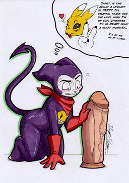 anthro ascot big_penis black_sclera blush bodily_fluids clothing dildo fur genitals gesture gloves gynomorph hand_gesture handwear humanoid_dildo intersex male penis sex_toy simple_background solo sweat tail text v_sign white_background white_body white_fur yellow_body yellow_fur rotten_owl bandai_namco digimon canid digimon_(species) imp impmon mammal renamon absurd_res english_text hi_res marker_(artwork) traditional_media_(artwork)