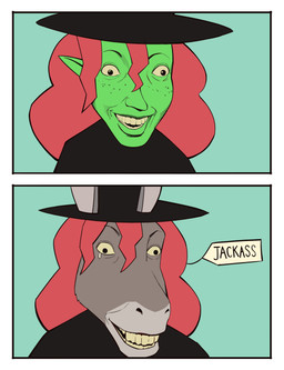 anthro black_clothing black_hat black_headwear black_topwear bodily_fluids clothed clothed_anthro clothed_female clothing crying eyebrows female freckled_face freckles fur furgonomic_hat furgonomic_headwear furgonomics green_body green_skin grey_body grey_fur hair hat headgear headwear humanoid_pointy_ears label open_mouth open_smile pointy_ears red_hair simple_background small_comic smile solo teal_background tear_trough tears teeth text topwear bonnymama7 elphaba_(bonnymama7) asinus donkey equid equine humanoid mammal 2025 absurd_res bust_portrait comic digital_drawing_(artwork) digital_media_(artwork) end_page english_text flat_colors hi_res portrait