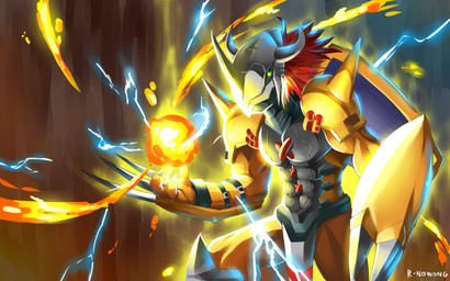 4_fingers abs anthro armor armwear attack claws clothing electricity electricity_manipulation elemental_manipulation fingers fire fire_manipulation green_eyes hair headgear headwear helmet horn legwear male muscular orange_body red_hair shoulder_guards solo r-nowong bandai_namco digimon digimon_(species) reptile scalie wargreymon 16:10 absurd_res digital_media_(artwork) hi_res signature widescreen