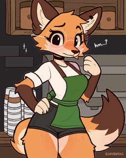 anthro apron blush blush_lines bottomwear brown_body brown_fur choker clothing dipstick_tail ear_piercing eyebrows eyelashes eyewear female fur glasses hand_on_hip inner_ear_fluff inside jewelry looking_at_viewer markings multicolored_body multicolored_fur necklace orange_body orange_fur piercing round_glasses shirt shorts solo tail tail_markings topwear tuft wearing_glasses jayrnski other_side rey_(animatedmau) canid canine fox mammal 2025 hi_res