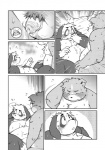 after_sex anthro bear belly bodily_fluids canid canine canis censored comic cum cum_on_chest dialogue domestic_dog duo flaccid genital_fluids genitals greyscale hi_res male male/male mammal monochrome mosaic_censorship overweight overweight_male penis small_penis sweat takagi_kyou