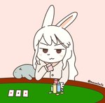 anthro blush card_game female fur furniture gaming poker poker_chip poker_table simple_background solo table white_body white_fur manatails manateebun_(manatails) lagomorph leporid mammal manatee marine rabbit sirenian hi_res