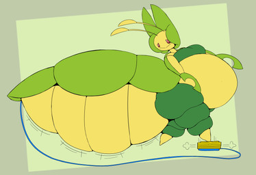 abdomen_expansion air_inflation anthro belly big_belly big_butt breasts butt female green_body hose hose_in_abdomen hose_inflation huge_belly huge_butt hyper_abdomen inflated_abdomen inflation solo thick_thighs shweetmagnet nintendo pokemon generation_5_pokemon leavanny pokemon_(species) 2023 absurd_res hi_res