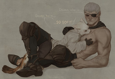 anthro bottomwear clothing cuddling duo eye_patch eyes_closed eyewear female female_anthro grey_background hair human_on_anthro interspecies larger_human larger_male lying_on_another male male/female male_human pants relaxing romantic romantic_couple shirt simple_background size_difference smaller_anthro smaller_female topwear whiskers white_body white_hair atsuris domestic_cat felid feline felis human mammal hi_res