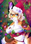 anthro big_breasts bow_bra breasts candy candy_cane christmas_clothing christmas_decorations christmas_lights christmas_lingerie christmas_tree cleavage clothed clothing crop_top dessert female food fur hair hat headgear headwear holidays kissing_bough lingerie looking_at_viewer mistletoe mistletoe_bow ornament panties pawpads paws plant shirt smile solo thick_thighs topwear tree underwear conditional_dnp ikitsunyan christmas firelight's_respite_(ikitsunyan) homeroom_(ikitsunyan) fiona_sterling_(throwmeintospace) canid canine fox mammal red_fox true_fox 2019 absurd_res digital_media_(artwork) hi_res