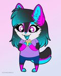 4:5 animated anthro birthday cake canid canine canis clothing dessert eating female food hair mammal multicolored_hair open_mouth open_smile pink_eyes shirt short_playtime smile solo t-shirt topwear two_tone_hair volodyanocturne wolf yozora