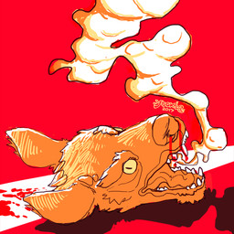 blood blood_on_ground bodily_fluids decapitation eyebrows fangs inner_ear_fluff nosebleed open_mouth pupils red_background shadow simple_background slit_pupils smoke solo teeth tongue tuft yookie 1:1 2017 dated restricted_palette signature