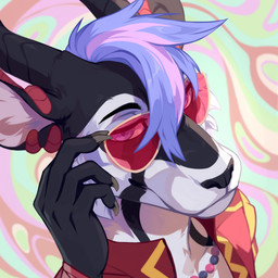 abstract_background anthro black_body black_eyebrows black_fur black_nose blue_hair brown_nose cheek_tuft clothed clothing ear_piercing ear_ring eyebrows eyewear facial_markings facial_tuft fur glasses hair head_markings horn jewelry looking_at_viewer male markings mouth_closed narrowed_eyes necklace piercing pink_hair red_clothing red_topwear ring_piercing simple_background solo tinted_glasses topwear tuft unsigned white_body white_fur corzh77 antelope bovid grazing_antelope mammal oryx 1:1 absurd_res bust_portrait detailed hi_res icon portrait