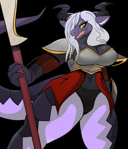 anthro armor big_breasts black_background black_clothing black_panties black_underwear bounty_hunter breasts camel_toe claws cleavage clothed clothing ear_piercing fantasy female front_view glaive grey_body hair horn melee_weapon multicolored_body non-mammal_breasts open_mouth open_smile panties piercing polearm purple_body purple_scales scales sharp_teeth simple_background smile solo tail teeth thick_thighs two_tone_body underwear weapon white_hair wide_hips yellow_eyes crocodyke european_mythology mythology galria_vindora dragon mythological_creature mythological_scalie scalie western_dragon 2020 cel_shading digital_drawing_(artwork) digital_media_(artwork) hi_res portrait shaded three-quarter_portrait