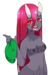 blood bodily_fluids breasts clothing female furniture grey_body grey_skin hair hat headgear headwear horn lips long_hair not_furry red_hair smile solo teeth text yellowparrottw the_binding_of_isaac_(series) lilith_(tboi) demon humanoid