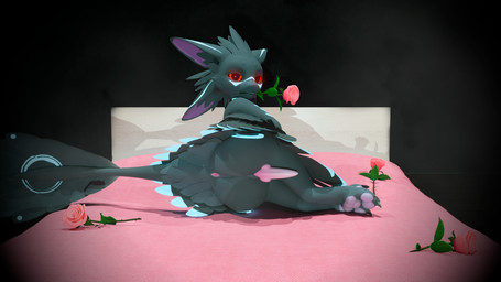 4_ears 4_toes anthro anus bed blue_markings butt claws cybernetic_eye cybernetics dark_body dark_feathers dark_fur digitigrade erection feathers feet flower flower_in_mouth fur furniture genitals glowing glowing_eyes grey_body grey_feathers knot knotted_penis knotted_tapering_penis looking_at_viewer lying lying_on_bed machine male markings multi_ear nude on_bed on_side pawpads penis pink_bed plant presenting presenting_anus presenting_hindquarters presenting_penis purple_pawpads red_eyes rose_(flower) seductive solo tail taper tapering_penis toes wings umbry umbry_moonlight avali 16:9 hi_res widescreen