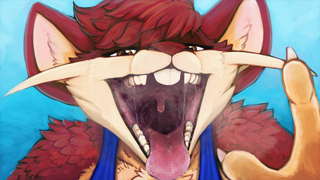 ambiguous_gender anthro arm_tuft blue_clothing blue_topwear bodily_fluids brown_eyes buckteeth cheek_tuft claws clothed clothing eyelashes facial_tuft female finger_claws front_view fur glistening glistening_eyes hair mouth_shot narrowed_eyes open_mouth orange_body orange_fur red_body red_fur red_hair red_tongue saliva saliva_on_tongue saliva_string short_hair shoulder_tuft simple_background solo teeth tongue tongue_out topwear tuft unsigned uvula whiskers acidic nintendo pokemon barabi fan_character generation_1_pokemon mammal pokemon_(species) rattata rodent 16:9 bust_portrait portrait widescreen